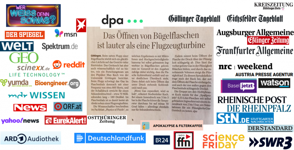 logos of media citing the paper on the popping sound of beer bottles